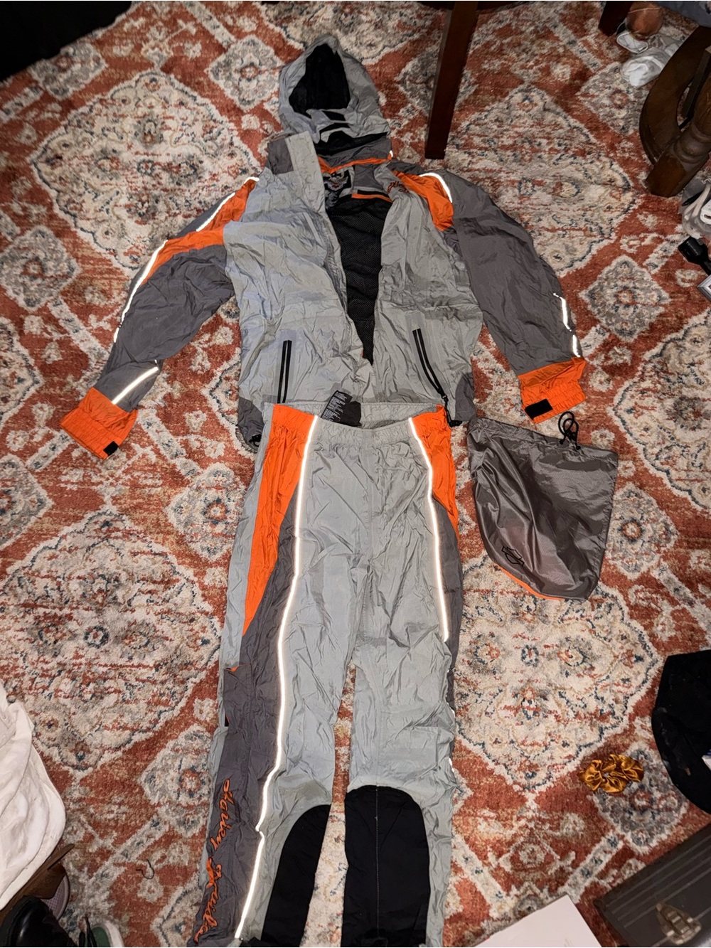 Harley Davidson Men's Gray & Orange Hooded Windbreaker Jacket and Pants Set